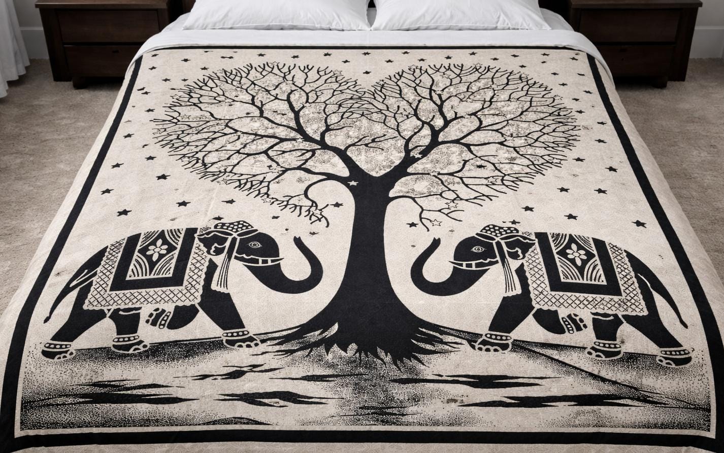 Mandala de la India Arbol de la Vida dos elefantes Beige/Negro