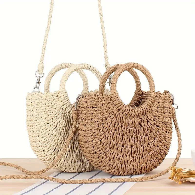 Bolso tejido, asa de mano y asa larga - beige