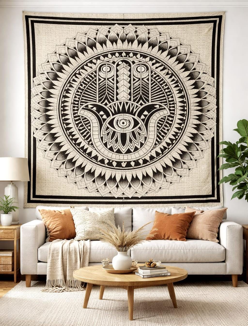 Mandala de la India Mano de Fátima Beige/Negro