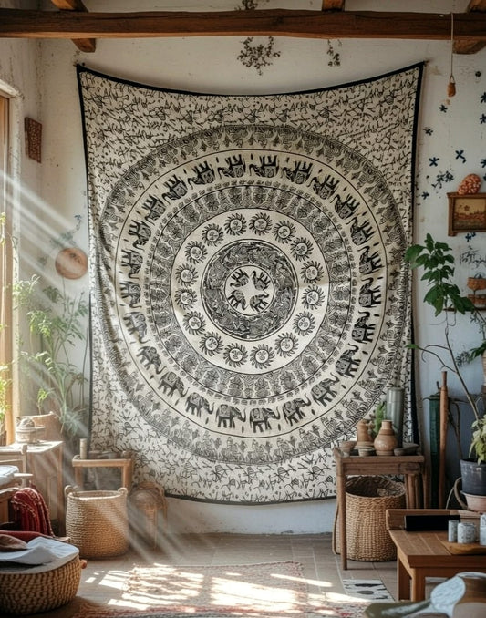 Mandala de la India Ruleta Elefantes Beige/Negro