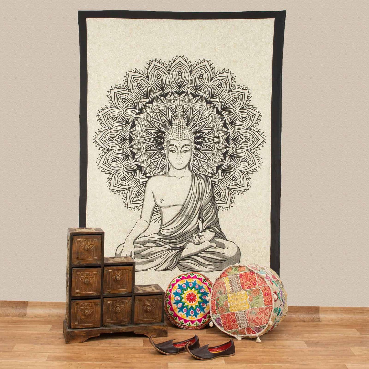 Mandala de la India Buda beige/negro