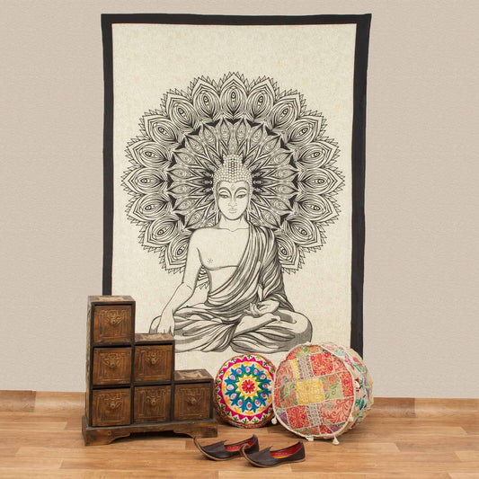 Mandala de la India Buda beige/negro